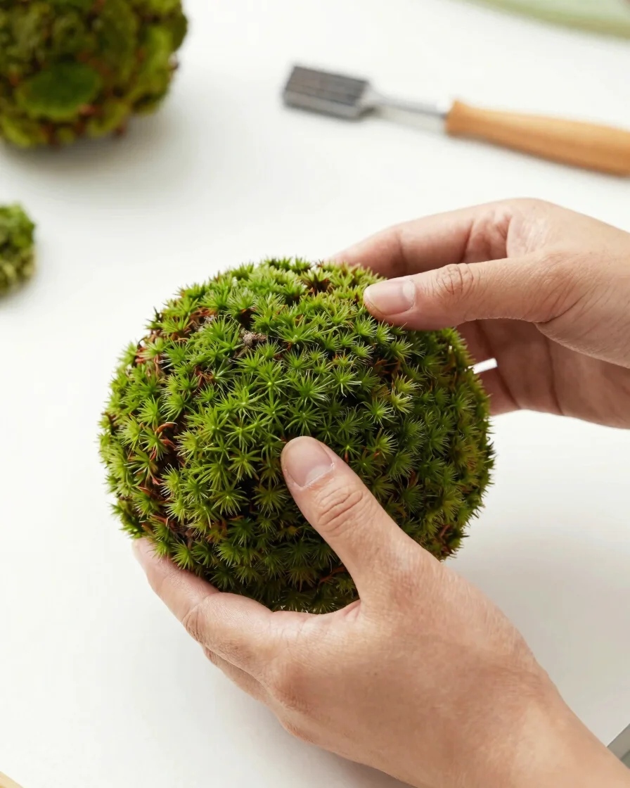 Close-up of artisan hands meticulously shaping a kokedama moss ba