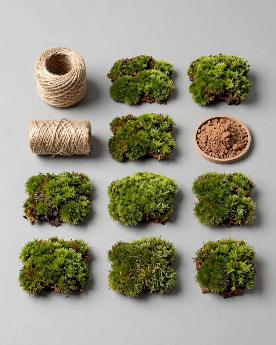 Studio product photograph of botanical tools, natural twine rolls, sheets of fresh green moss, and clay substrate arrang
