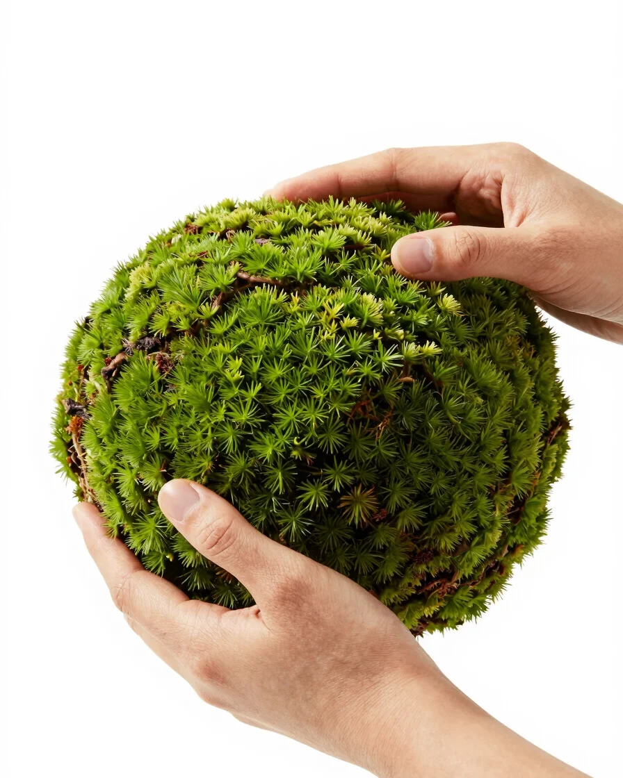 Artisan hands carefully assembling a moss sphere kokedama with precise gestures in studio setting, clear detail